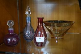 Coloured Glass Bowl and Bottles