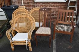 Three Cane Conservatory Chairs, Oak Armchair, and