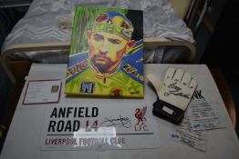 Signed Enfield Road Liverpool Football Club Sign, Bruce Grobbelaar Gloves, and a Small Canvas of