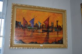 Chinese Harbourside Sailing Scene by L.W. Mee