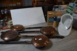 Four Copper Warming Pans, Two Ceramic Bed Pans, an
