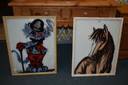 1960’s Reverse Glass Painting Cat Smoking a Cigar by Beccafichi, plus a Horse in a Distressed Frame