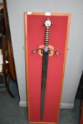 Decorative Toledo “Black Prince” Sword Mounted on Fabric & Wood Board