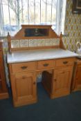 Stripped Pine Period Washstand with Marble Top and Tiled & Mirror Back