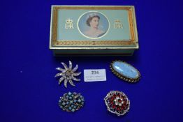 Cigarette Tin Containing Four Costume Jewellery Brooches