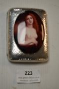 Hallmarked Sterling Silver Cigarette Case - Birmingham 1927, 119g with Later Additional Faux Nude