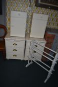 Two Set of White Painted Bedside Cabinets and a Towel Rail