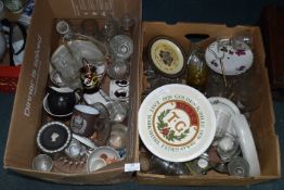 Two Boxes of Glass, Pottery, Commemorative Ware, etc.