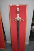 Decorative Toledo “The Cross of Saint George” Sword Mounted on Fabric & Wood Board