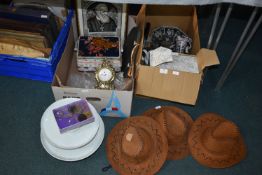 Two Boxes of Household Goods, Decorative Items, Cake Stand, Hats, etc.
