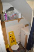 *Contents of Cupboard to Include Beko Undercounter Refrigerator, and Assorted Janitorial Equipment