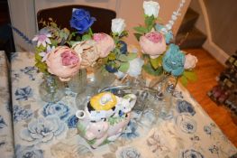 *Assorted Cut Moulded Glass Vases, Cruet Sets, and a Pig & Cow Teapot