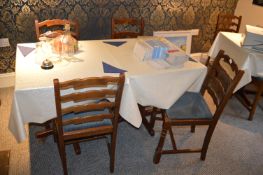 *Five Square Pedestal Tables 70x70cm, and Eleven Side Chairs and One Carver