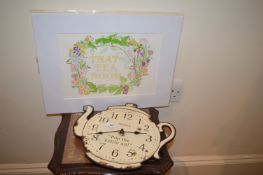 *Jones Wall Clock in the Form of a Teapot, and an Original Watercolour “That Tearoom”