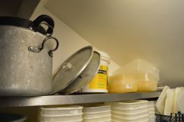 *Contents of Two Shelves to Include Three Aluminium Saucepans and Assorted Plastic Storage Boxes