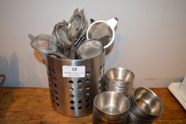 *Galvanised Cutlery Holder Containing Tea Strainers
