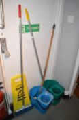 *Two Mop & Buckets, Broom, and Caution Work in Progress Sign