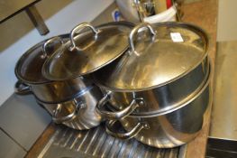 *Four 30cm Stainless Steel Twin Handled Pans with Three Lids