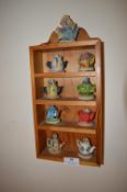 *Wall Mounted Pine Display Rack Containing Miniature Decorative Teapots