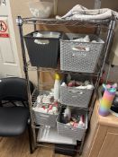 *Four Tier Chrome Adjustable Storage Rack Containing Various Dispensers, Waste Bags, etc.