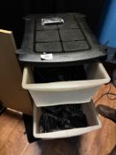 *Four Tier Plastic Shelving Unit Containing Assorted Spray Tan, Slippers, Hair Nets, etc.