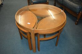 1970’s Retro Teak Circular Glass Topped Dining Table with Three Interlocking Stools