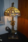 Elephant Table Lamp with Leaded Glass Shade (damage to shade)