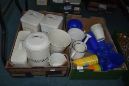 Cream Coloured Storage Vase, Buckets, and Picnicware, etc.