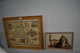 Framed Map of Yorkshire, and a Retro Dog Painting