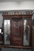 Large Mahogany Art Nouveau Style Triple Wardrobe