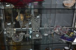 Glassware Including Vase, Candlesticks, Clock, etc