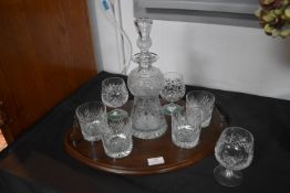 Cut Glass Lead Crystal Decanter with Assorted Glasses on Wooden Tray/Stand