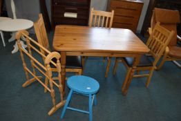 Small Pine Table, Three Chairs, Clothes Airer, and