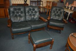 Green Leather Chesterfield Two Seat Sofa with Matching Rocking Chair and Footstool
