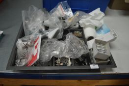 *Tray of Hinges, Clips, Pins, Hammer, and Screws