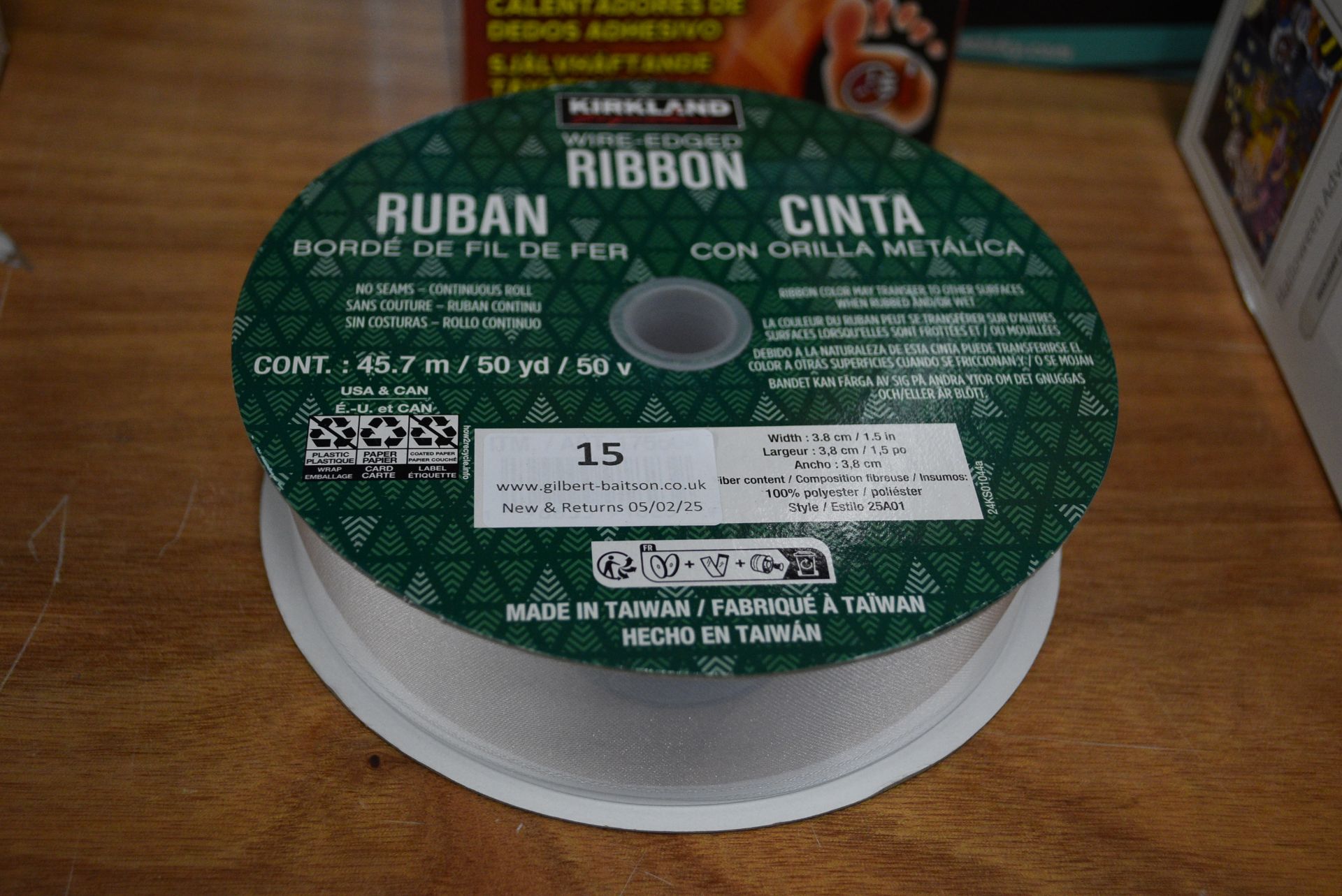 *45m Roll of Kirkland Wire Edged White Ribbon