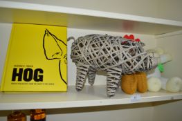 *Wicker Woven Pig, Hand Knitted Sheep and Chicken, and a Cookery Book by Richard H. Turner Hog