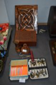 Carved Wooden Plaque and Box, Turned Wooden Box an
