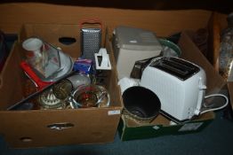 Two Boxes of Kitchenware, Pottery, Glass, Toaster,