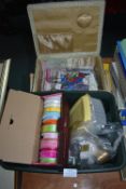 Sewing Basket and Contents, Box of Ribbons and Thr