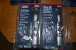 Two Sealey Brushed Aluminium Effect L-Ion Inspection Lamps