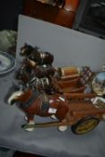 Four Pottery Shire Horse and Three Carts