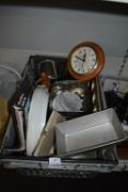 Box of Kitchen Utensils, Wall Clock, Pans, etc.