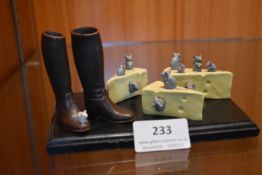 Miniature Pottery Mice with Boots and Cheese