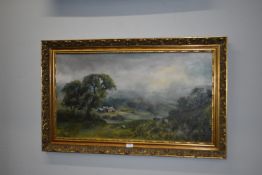 Gilt Framed Oil on Canvas Country Scene by D. Fost