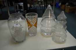 Two Glass Vases and Two Lidded Glass Jars