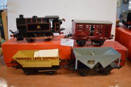 Hornby O Gauge Clockwork Type 40 Tank Loco plus Tipping and Goods Wagons