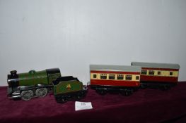 Hornby O Gauge Type 20 Tender Loco Clockwork BR, plus Two Postwar Coaches