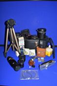 Camera Case, Accessories, and Lens Including Prinz Galaxy 1:4.5 F200mm, and Shinon 1:2.8 f28mm,