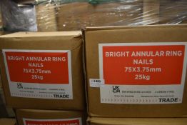 *2x 25kg Box of Bright Angular Ring Nails 75x3.75mm